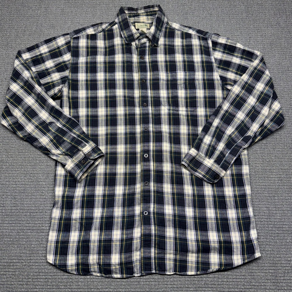 LL Bean Mens Plaid Button Down Shirt Navy Green White Long Sleeve Size Large